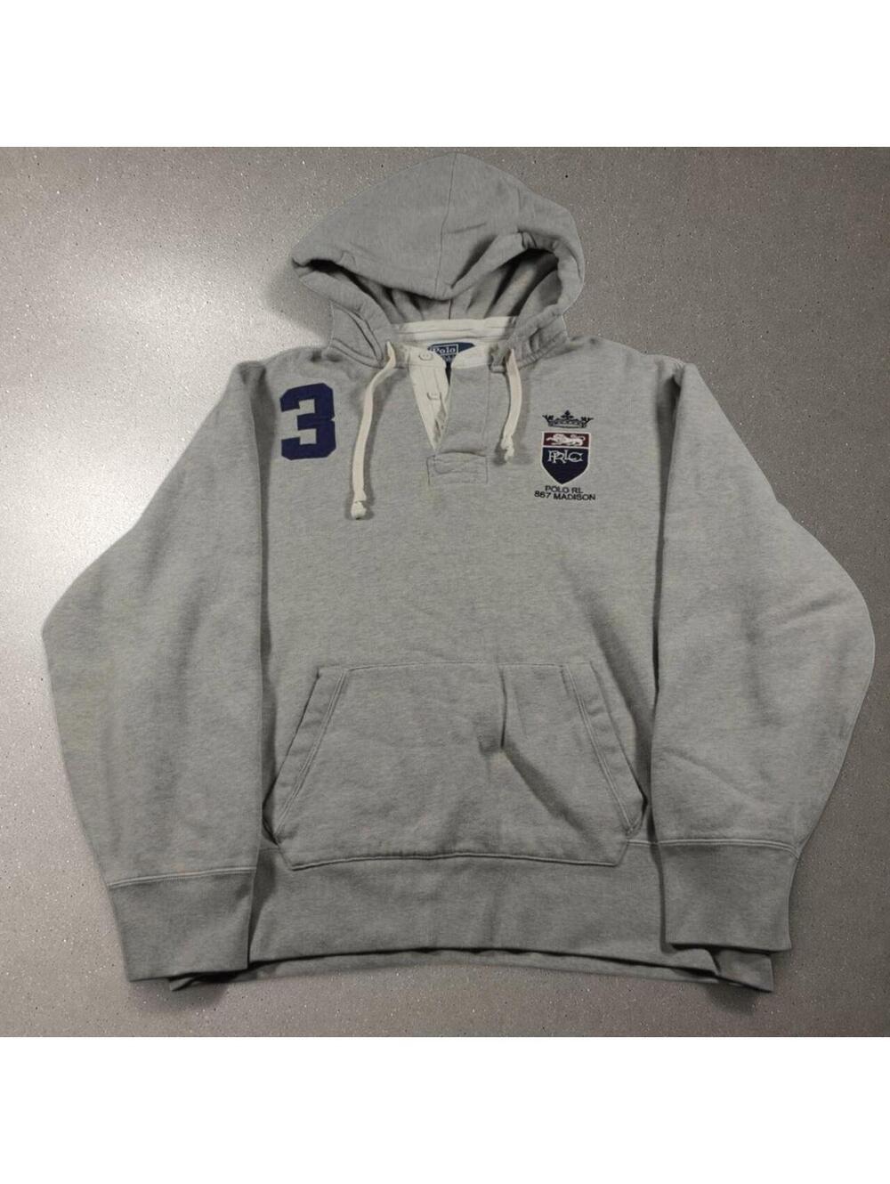 Vintage Y2K Polo Ralph Lauren Gray Rugby Hoodie - Men's XXL!